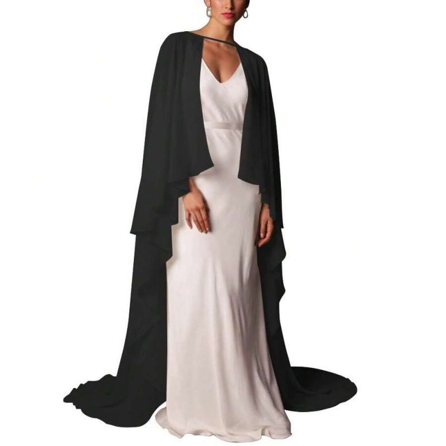 New Solid Color Chiffon Flowy Long Cape Shawl For Bride Bridesmaid Dress Cover Up - Black - View 1