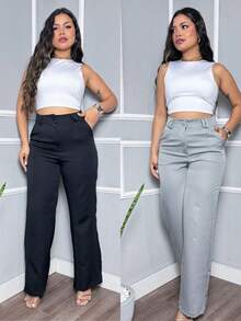 Kit Of 2 Women's Tailored Wide Leg High-Waisted Straight-Leg Trousers, Elegant Office Casual Pants With Pockets - 黑色和灰色套件 - 查看 1