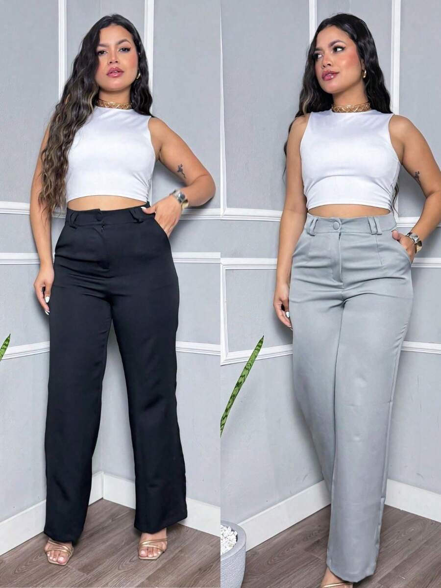 Kit Of 2 Women's Tailored Wide Leg High-Waisted Straight-Leg Trousers, Elegant Office Casual Pants With Pockets - 黑色和灰色套件 - 查看 1