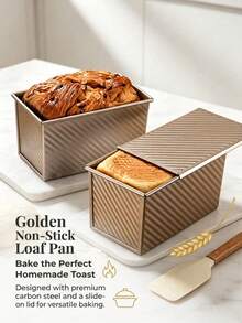 1Pc Carbon Steel Rectangular Toast Loaf Pan, Textured Non-Stick Easy Release Baking Mold Black Gold For Brunch Holiday Breakfast - Gold - View 1
