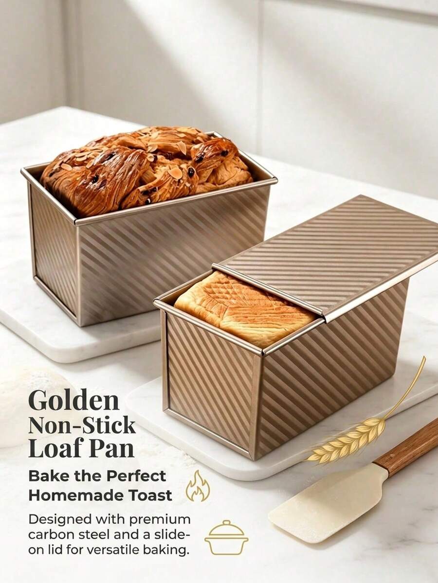 1Pc Carbon Steel Rectangular Toast Loaf Pan, Textured Non-Stick Easy Release Baking Mold Black Gold For Brunch Holiday Breakfast - Gold - View 1