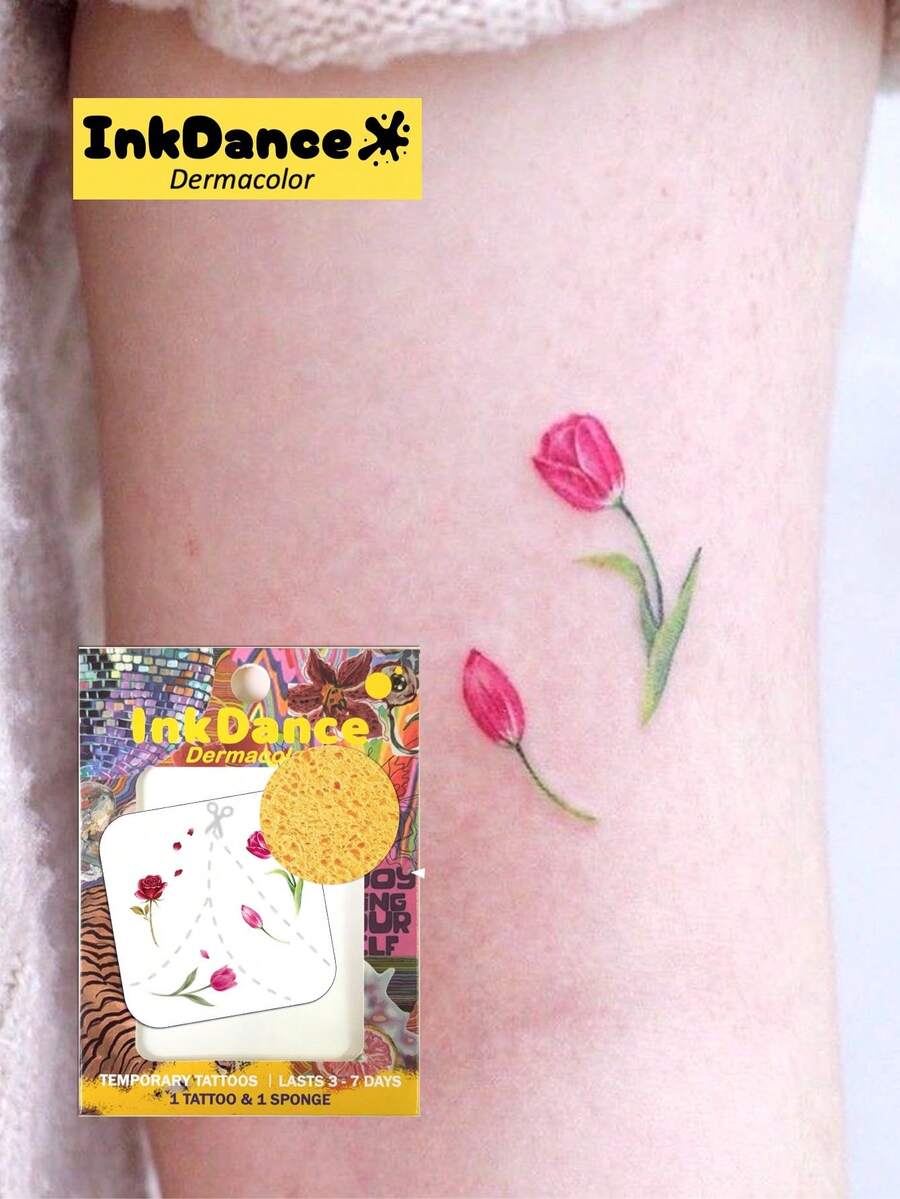 1 Set "Tulip & Rose" Temporary Tattoo Stickers, Realistic Tattoo, Minimalist Floral, Waterproof, Authentic Tattoo Effect, Body Art, Colorful, InkDance, InkDance, Easy To Apply And Remove CMNF003 - Multicolor - View 1
