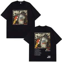 Camiseta de algodón vintage de manga corta casual estilo hip hop para hombre y mujer con estampado del álbum y gira 2026 de Melendi Pop Rock - Negro - Ver 1