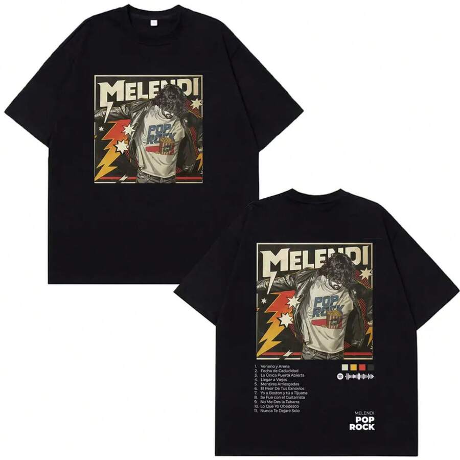 Camiseta de algodón vintage de manga corta casual estilo hip hop para hombre y mujer con estampado del álbum y gira 2026 de Melendi Pop Rock - Negro - Ver 1