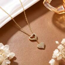 1pc Women's Stainless Steel European American Ins Style Double Layer Double Heart Full Rhinestone Necklace, 18K Gold Plated Titanium Steel Hollow Heart Studded Collarbone Chain, Dating Gift Accessory - Multicolor - View 5