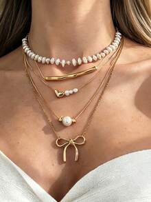5pcs/Set Sweet Cool Style Ins Bow Pendant Necklace Baroque Faux Pearl Layered Collarbone Chain, Suitable For Women's Gatherings, Banquets, Dates, Holidays, Gifts. - Gold - View 1