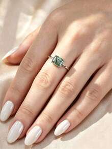 Elegant 925 Sterling Silver Square Agate Ring, Ladies Engagement/Wedding Anniversary Birthday Gift, Premium Fine Jewelry - Green - View 3