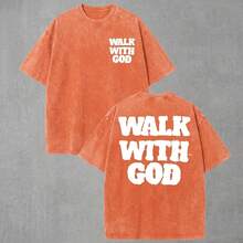 Summer Tops(230g T-Shirt) Washed Cotton "Jesus Over Everything" Religious Graphic Tee, Oversized Casual Crewneck Short Sleeve T-Shirt, Retro Soft Brea - 橘色 - 查看 1