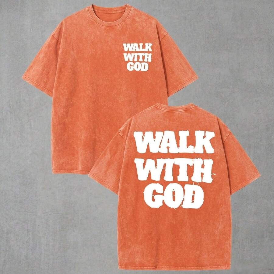 Summer Tops(230g T-Shirt) Washed Cotton "Jesus Over Everything" Religious Graphic Tee, Oversized Casual Crewneck Short Sleeve T-Shirt, Retro Soft Brea - 橘色 - 查看 1