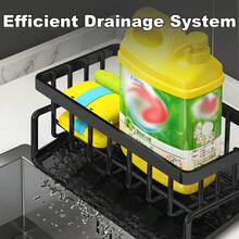 Multifunctional Kitchen Sink Storage Rack With Towel Bar - Metal/Plastic Sponge Holder, Dish Soap Dispenser And Self-Draining Tray - Black & White Color, No-Drill Installation, Compact Storage, Kitchen Sink Accessories, Sink Storage Rack - View 7
