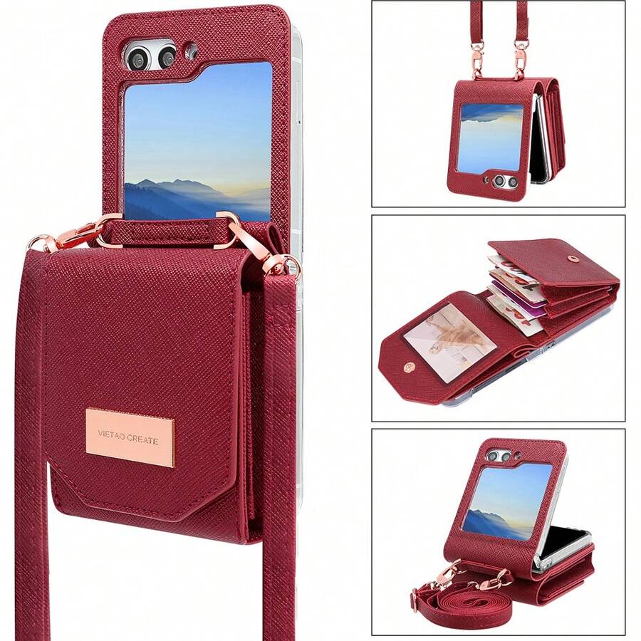 VIETAO Funda Cartera con Cordón Cruzado de Cuero Artificial con Ranura Multicapa para Tarjetas Compatible con Samsung Galaxy Z Flip 3 5G 4 5 6 7 8 Flip8 - Rojo - Ver 1