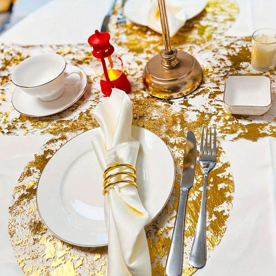 Alas Meja Sekali Pakai Warna Emas Elegan - 33*33cm, Alas Meja Bulat Poliester dengan Desain Jaring Mengkilap, Cocok untuk Pernikahan, Ulang Tahun, Liburan - Pilihan Ideal untuk Dekorasi Makan dan Rumah, Alas Meja - Emas - View 1