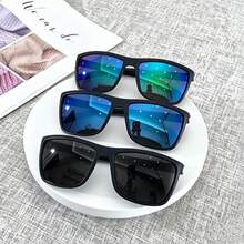 3 Pairs Black Textured Square Frame Fashion Combination Glasses, Colorful Reflective Coated Lenses Outfit Accessory, Driving Beach Vacation Street Style Daily Look Decorative - Black - View 11