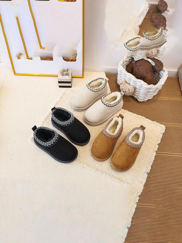 1 Pasang Sepatu Bot Salju Kasual Anak-Anak Musim Dingin Baru Sol Lembut Ringan Nyaman Hangat Bahan PU Suede Lembut Model Rendah Untuk Dalam dan Luar Ruangan
