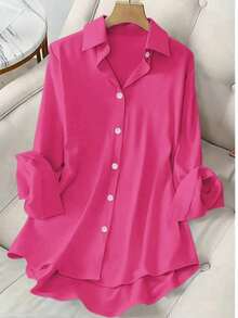 Plus Size Women's Casual Shirt, Made Of Soft And Comfortable Fabric With Slight Stretch, Loose Fit, Suitable For Spring/Summer Wear Or Layering, Also Suitable For Daily, Office, Work, And Vacation Wear - Hot Pink - View 7