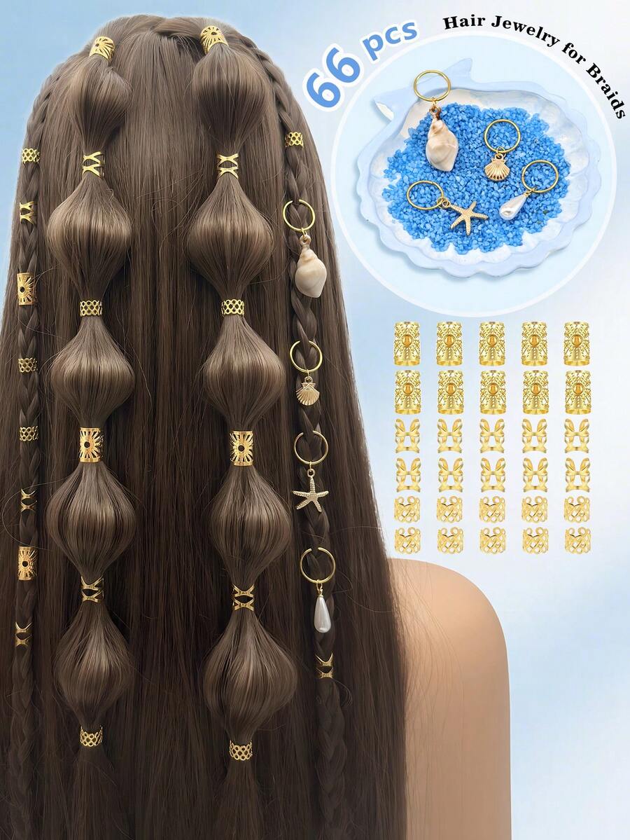 66pcs Ocean Style Hair Rings, Includes Gold Starfish, Seashell, Shell And White Pearl, Various Shapes Summer Adjustable Hair Bands, Suitable For Braids And Twisted Hair