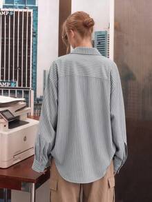 Women's Vintage Light Green Striped Ruched Loose Blouse, Oversized Spring/Autumn Casual Layering Long Sleeve Cardigan Shirt, Evening Date/Daily Wear/Lightweight Shirt - Grey - View 3
