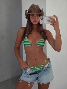 Women's Elegant Striped Halter Neck Swimsuit Set, Suitable For Summer, Spring/Summer Beach Vacation, Seaside Activities And Holiday Wear - Multicolor - View 4