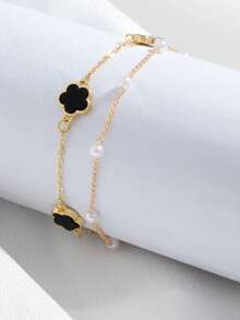 1pc European & American Cross-Border Five-Petal Flower Double Layer Stackable Bracelet, Fashionable High-End Versatile Bracelet Jewelry - Multicolor - View 4