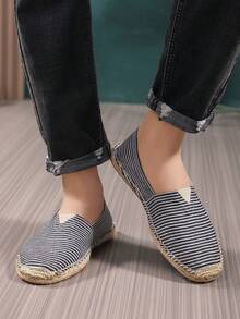 Men's Striped Woven Sole Slip-On Casual Flat Shoes, Breathable Lightweight Summer Fisherman Shoes - Black - View 2