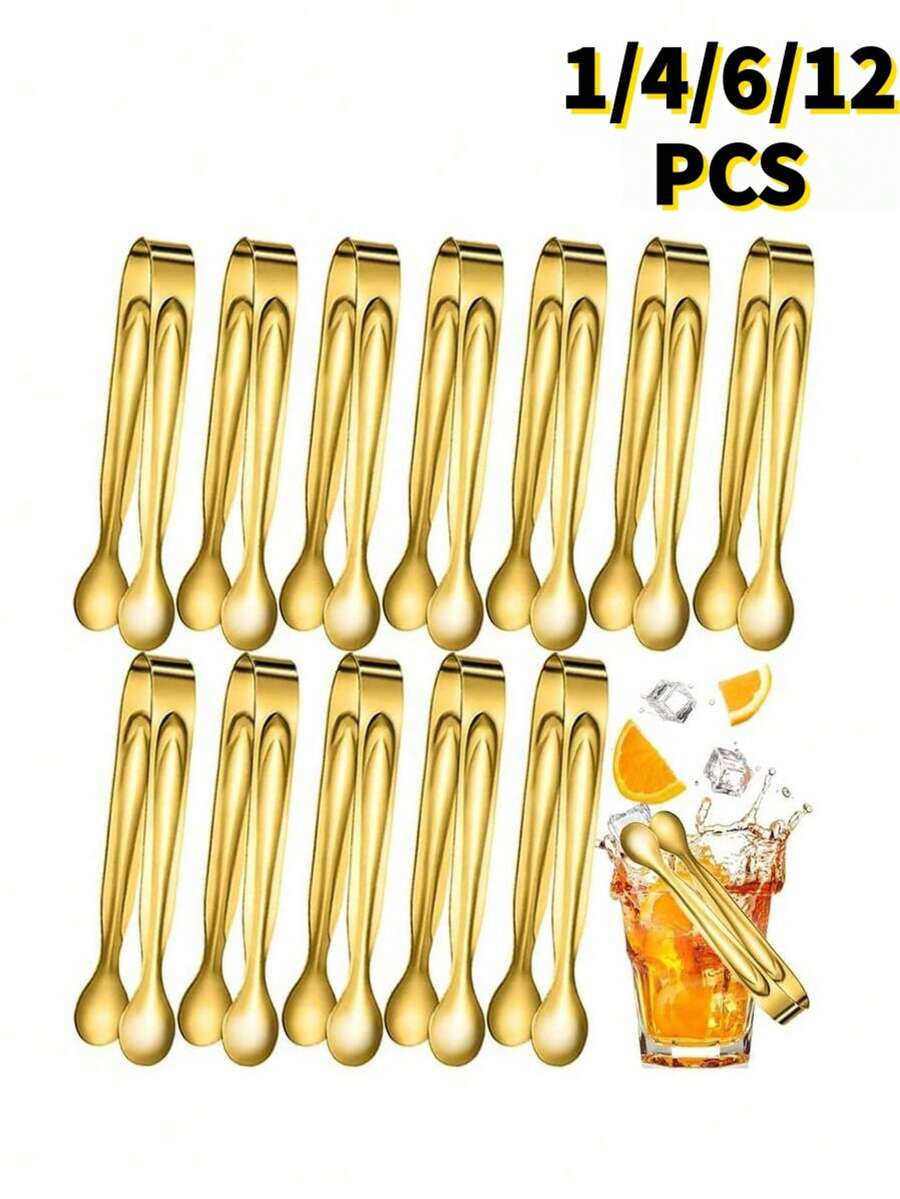 1/4/6/12pcs Square Sugar Cube Tongs, Gold Small Food Service Tongs, Bar Ice Tongs, Reusable Stainless Steel Tongs, Suitable For Desserts, Fruits, Candies, Cafes, Afternoon Tea, Parties, Home Kitchen, Restaurants, Outdoor Gatherings, Wedding Party Service