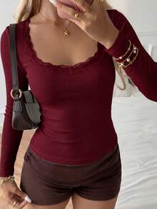 Women's Y2K Lace Crew Neck Knit Long Sleeve Top, Casual & Sexy, Suitable For Back To School Season, Autumn Spring - Burgundy - View 3