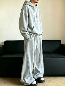Set 2 Potong Pria Sweatshirt + Celana Training Kaki Lebar dengan Tali Serut Tebal, Outfit Olahraga Kasual Streetwear - Light Grey - View 4