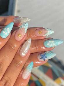 Transform Your Nails With This 24pcs/Set French Almond Ocean Style Elegant 3D Stereoscopic Starfish Waterdrop Flower Sweet Press-On Full Cover False Nail Tips Add A Touch Of Romance, Making You Look Sweet And Perfect For Daily Dates - Multicolor - View 7
