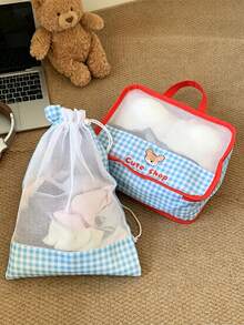 Blue Gingham Travel Storage Bag Multi-Size Travel Clothes Bag Set Mesh Packing Cubes Foldable Portable Luggage Organizer Pouches Suitcase Storage Kit - Baby Blue - View 4