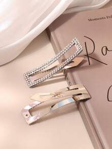 2pcs Silver Square Rhinestone Hair Clips Women Luxury Style BB Clips Side Hair Clips Premium Bangs Clips - Silver - View 2