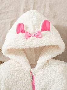 Jaket Plush Lucu dan Modis untuk Anak Perempuan dengan Pita Pink dan Resleting, Musim Dingin - Putih - View 4