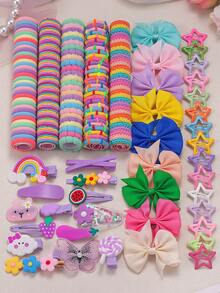 862pcs Macaron Rainbow Color Cute Children Hair Accessories Set, Includes Satin Large Bows/Cartoon Rainbow/Pearl Butterfly/Star Hair Clips, Rabbit Ears/Polka Dot Flower Hair Ties, Mini Claw Clips And Multiple High Elasticity Basic Headbands, Suitable For Children's Daily Styling, Hair Tying, Organizing Loose Hair And Creating Beautiful Hairstyles - Multicolor - View 2