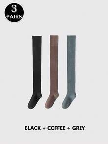 1/3/5 Pairs Women's Autumn/Winter Warm Over-The-Knee Socks, Thick Ribbed Non-Slip Thigh-High Socks For Daily Warm Wear - Multicolor - View 9