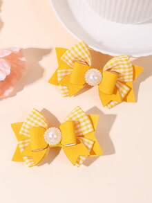 2pcs Grid Fabric Bow Hair Clips,PU Fabric Cute Sweet Alligator Clips,Elegant Faux Pearl Decor Hair Barrettes,Festival&School Teens Hair Accessories - Multicolor - View 3