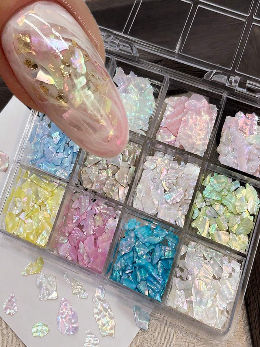 12 Grids Natural Abalone Shell Flakes Nail Charms, Aurora Rainbow Mother Of Pearl Slices Multicolor Irregular Thin Shell Fragments,Summer Mermaid Ocean Nail Art Decorations For Hand Manicure ,DIY Nail Salon Resin Craft Jewelry Making Accessories