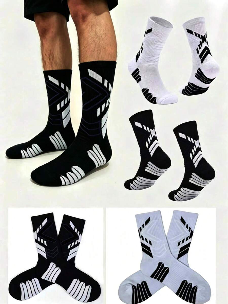 1/4/6 pares de calcetines deportivos de fútbol de media caña para hombre, antideslizantes, amortiguadores, suaves y transpirables, adecuados para baloncesto, running y entrenamiento diario de fitness - Blanco y Negro - Ver 1