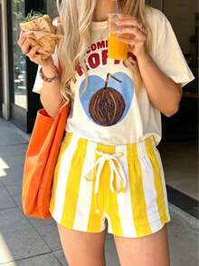 2pcs Women Printed Short Sleeve Top + Elastic Waist Shorts Pajama Set - White - View 2