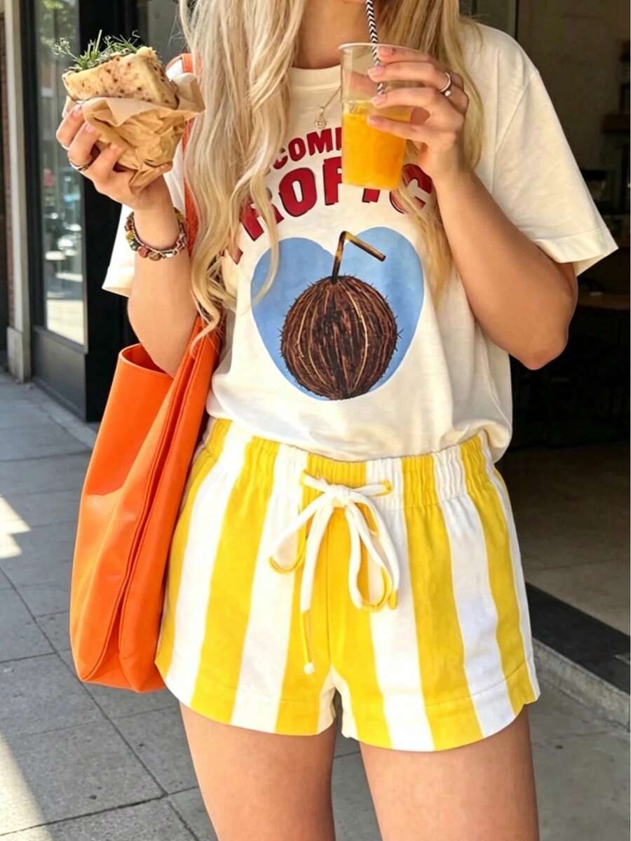 2pcs Women Printed Short Sleeve Top + Elastic Waist Shorts Pajama Set