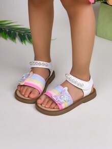 Girls' Rainbow Butterfly Pearl Hook And Loop Lightweight Outdoor Travel Daily Versatile Sweet Princess Style Open Toe Sandals - Multicolor - View 5