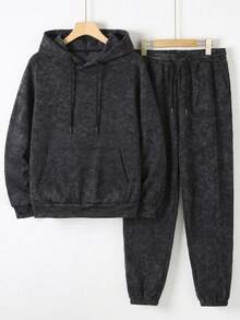 GRDR Men's Autumn Streetwear Washed Print Pattern Long Sleeve Drawstring Hooded Fleece Sweatshirt And Sweatpants Casual Loose Fit Set - Black - View 4