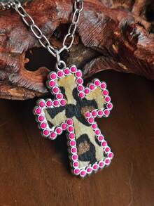 1 buah Kalung Salib Motif Leopard Bulu Kuda Berwarna-warni Rantai Antik dengan Liontin Salib Berhiaskan Berlian Imitasi, Perhiasan Rantai Leher Berlapis Gaya Barat untuk Wanita - kalung - View 7