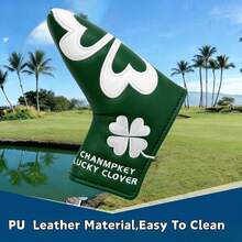 Lucky Four-Leaf Clover Embroidered Golf Putter Cover, Green And White Dual Color Options, PU Thickened Cushioning, Universal One-Size Putter Fit, Golf Course Good Luck Putter Accessory, Golf Club Protection Cover - Dark Green - View 4