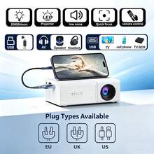 MOMAN Full HD 有線迷你便攜式投影機,無 WiFi/藍牙,有線手機連接,內建喇叭,EU/UK/US/AU 插頭,適用於居家、辦公室、旅行 - 白色 - 查看 2