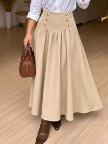 ANCHOSE Women's Autumn Khaki Elegant French Style Mid-Length A-Line Skirt With Double-Row Gold Button Decor, High Waist, Suitable For Office/Daily/Date Occasions - Khaki - View 1
