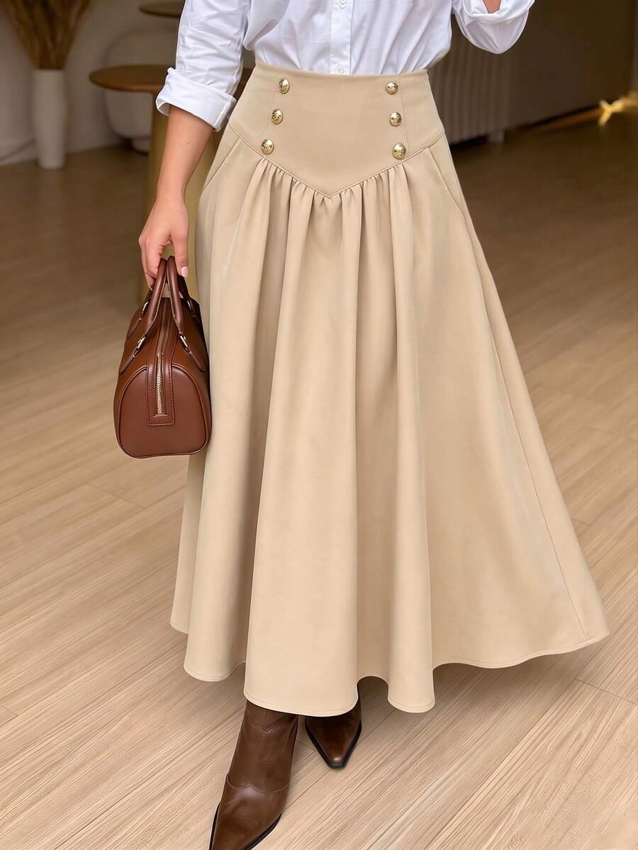 ANCHOSE Women's Autumn Khaki Elegant French Style Mid-Length A-Line Skirt With Double-Row Gold Button Decor, High Waist, Suitable For Office/Daily/Date Occasions - Khaki - View 1