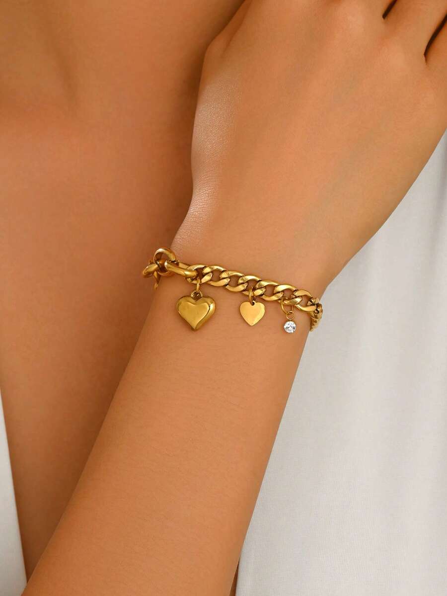 LIEBEIRIS 1 pièce Bracelet en acier inoxydable plaqué or 18K en forme de cœur pour femmes, convient pour le port quotidien et les cadeaux - Or jaune - Voir 1