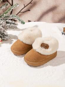 1 Pair Minimalist Shallow Round Toe Baby Warm Snow Boots, Cartoon Bear Plush Trim, Non-Slip Flat Sole, Winter Indoor Shoes - Brown - View 5