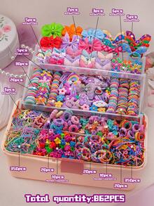 862pcs Macaron Rainbow Color Cute Children Hair Accessories Set, Includes Satin Large Bows/Cartoon Rainbow/Pearl Butterfly/Star Hair Clips, Rabbit Ears/Polka Dot Flower Hair Ties, Mini Claw Clips And Multiple High Elasticity Basic Headbands, Suitable For Children's Daily Styling, Hair Tying, Organizing Loose Hair And Creating Beautiful Hairstyles - Multicolor - View 3