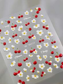 5D Embossed Elegant Cherry Fruit & Daisy Nail Stickers Cute White Flowers Nail Decals Self-Adhesive Nail Decor For Summer DIY Manicure Wedding Season Bridal Salon Nail Art Supplies - Multicolor - View 8