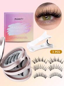 MAANGE 3對磁吸假睫毛套組，附鏡子與睫毛夾，可重複使用免膠水，超隱形圓形磁鐵，自然卡通貓眼蓬鬆仿貂毛睫毛，含鑷子，化妝旅行必備 - 彩色 - 查看 1